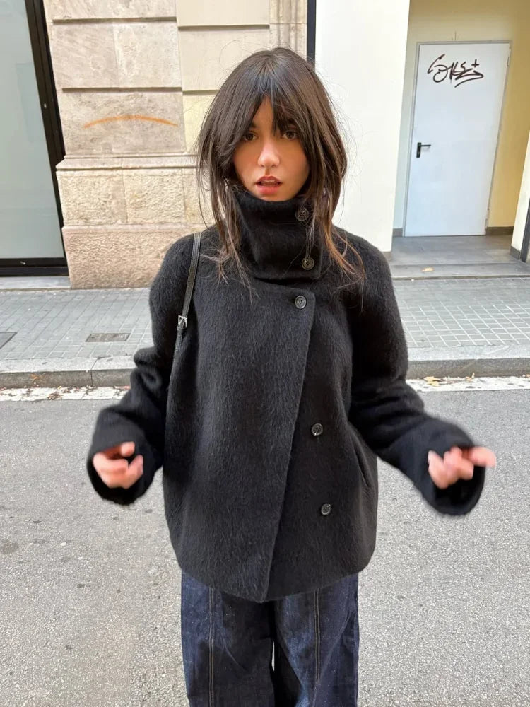 Noir | Black Stand Collar Wool Jacket